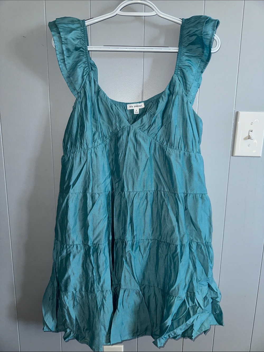 Blu Pepper Teal Tiered Ruffle-Shoulder Dress